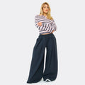 Low Rise Wide Leg Trouser & Long Sleeve Button Detail Cinched Waist Top Co-Ord Set In Pink Stripe