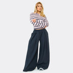 Low Rise Wide Leg Trouser & Long Sleeve Button Detail Cinched Waist Top Co-Ord Set In Pink Stripe