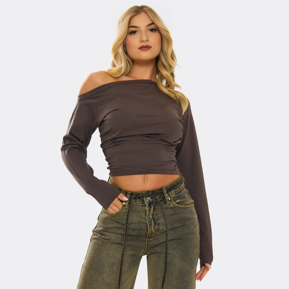Slash Neck Long Sleeve Cinched Waist Detail T-Shirt In Brown