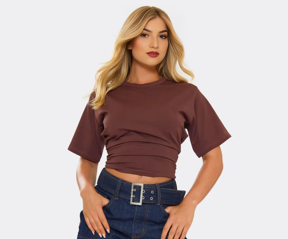 Short Sleeve Shaped Waist Fitted T-Shirt In Brown