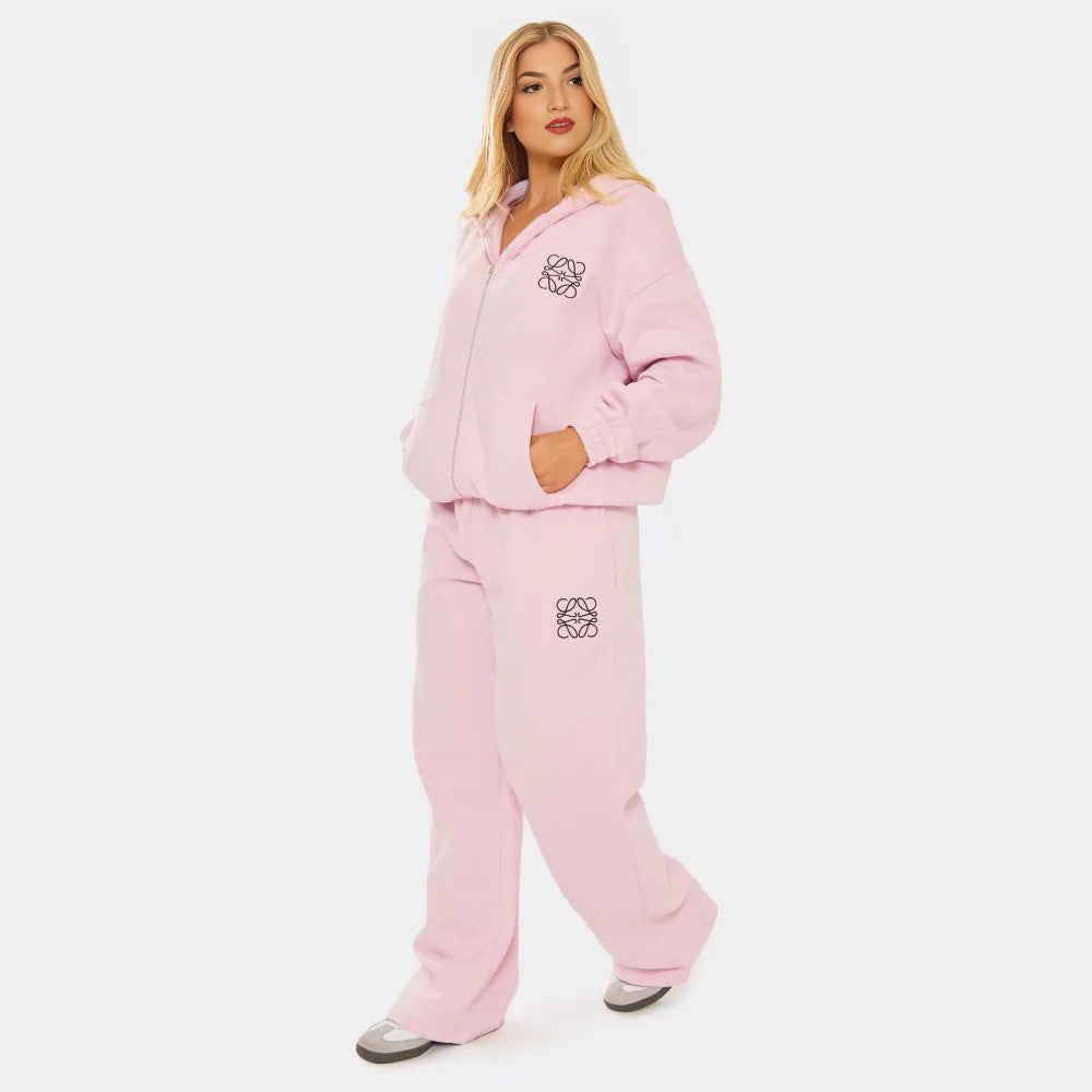 Pink Embroidered Swirl Logo Zip Up Hoodie & Wide Leg Joggers Set
