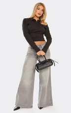 Long Sleeve Cinched Waist Button Down Polo Top In Black