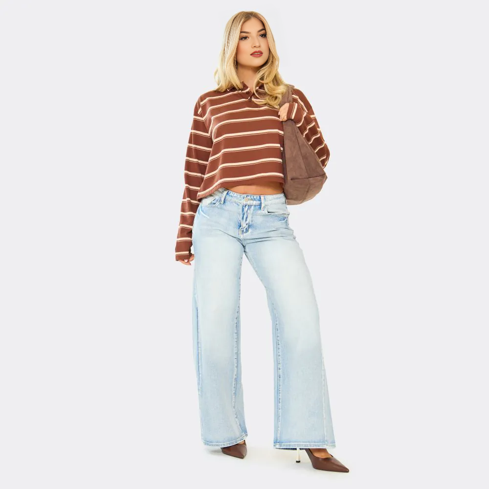 Long Sleeve Rugby Top In Brown Stripe