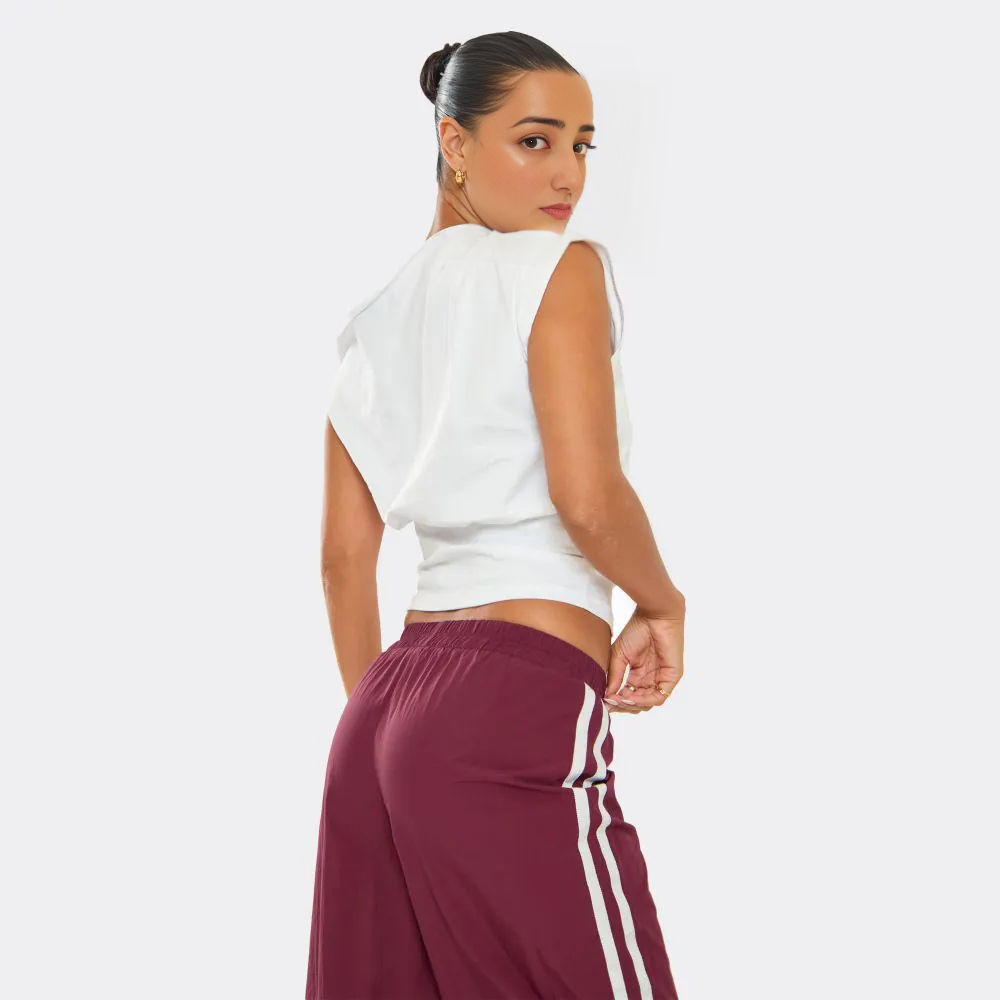 Slash Neck Cinched Waist Detail T-Shirt – White