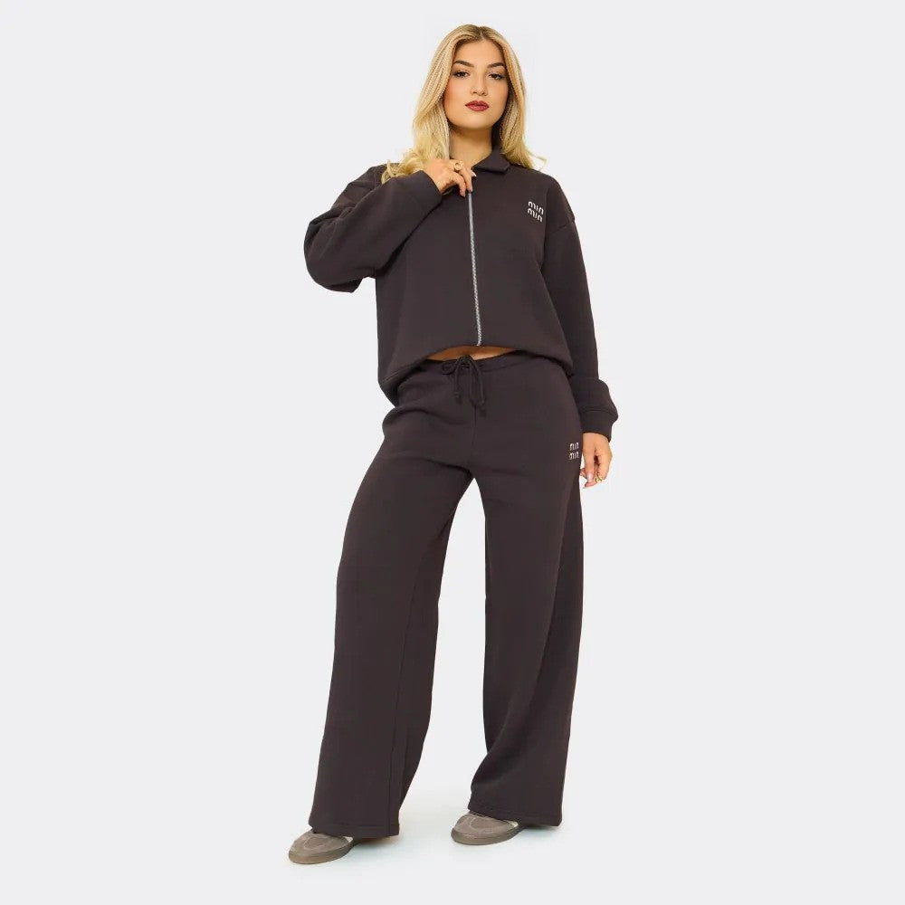 Chocolate Brown ‘Min Min’ Zip-Up Sweatshirt & Wide Leg Joggers Set