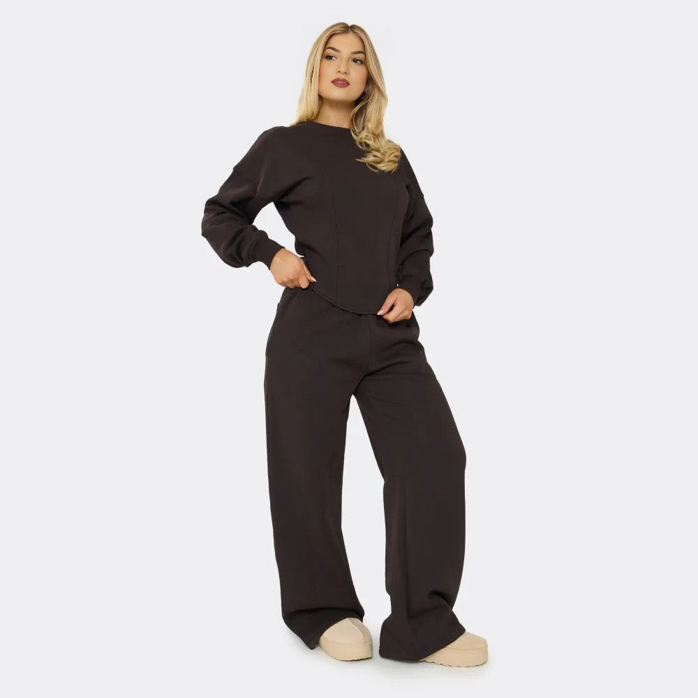 Chocolate Brown Balloon Sleeve Sweatshirt & Wide Leg Joggers Set