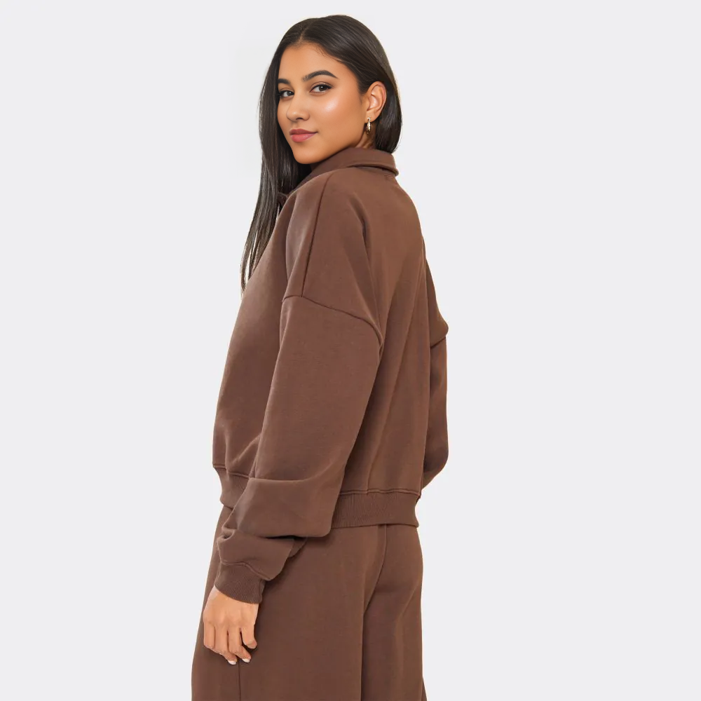 Chocolate brown ‘Min Min’ embroidered polo sweatshirt paired, comfy co-ord look