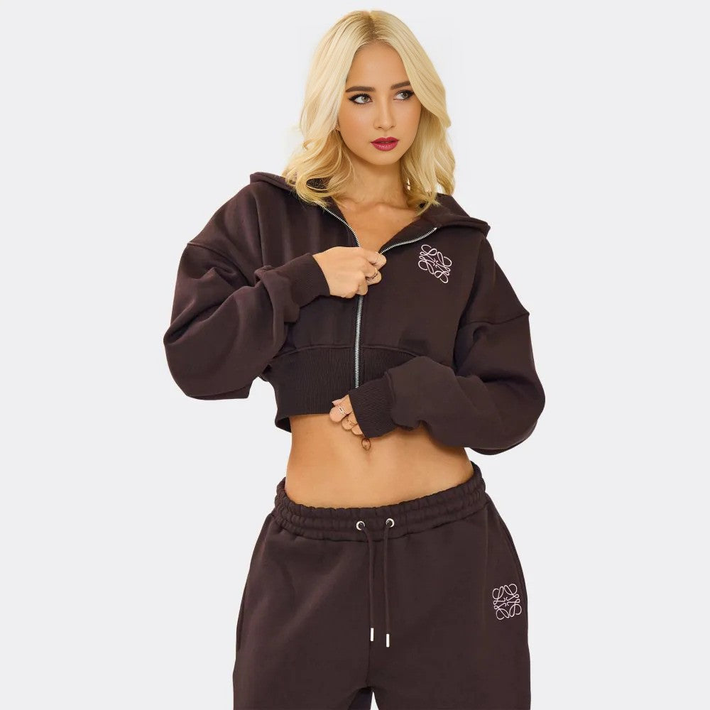 Swirl Graphic Cropped Hoodie & Tie Waist Joggers – Chocolate Brown Co-Ord Set