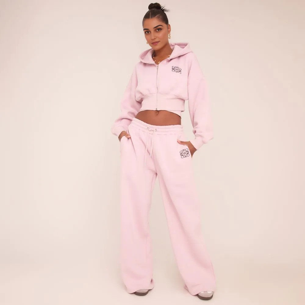 Swirl Graphic Detail Cropped Hoodie & Tie Waist Straight Leg Joggers Co-Ord Set – Pink