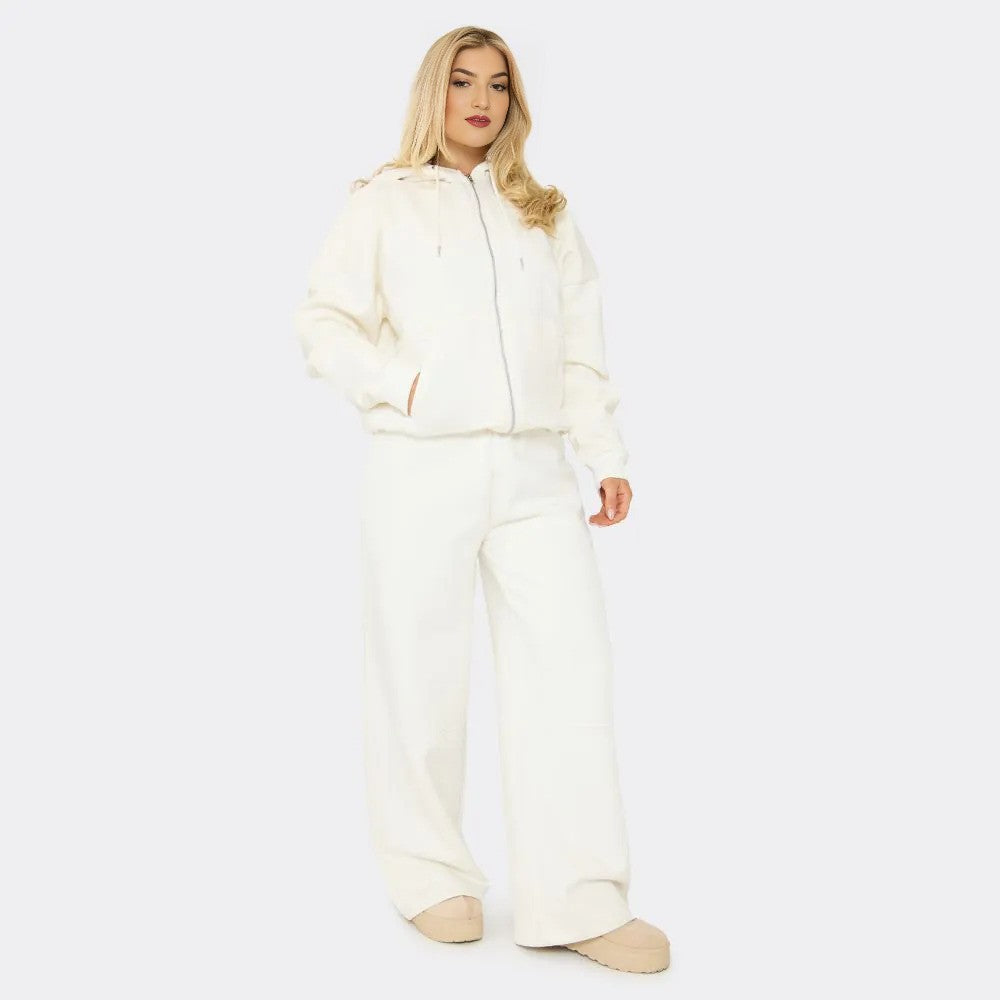 Cream Seam Detail Zip Up Hoodie & Wide Leg Joggers Set