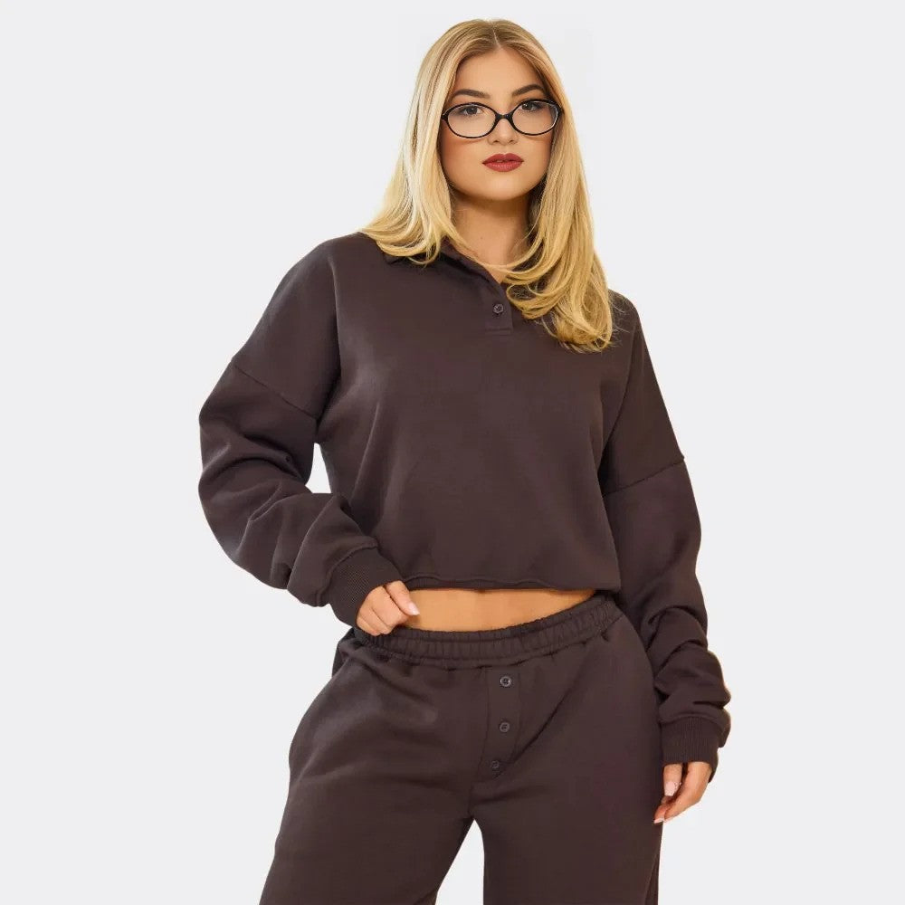 Brown - Marl Polo Sweatshirt & Wide Leg Joggers – effortless comfort meets style