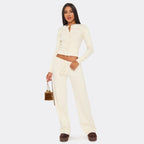 Cream Ribbed Button-Up Top & Straight Leg Trousers Set