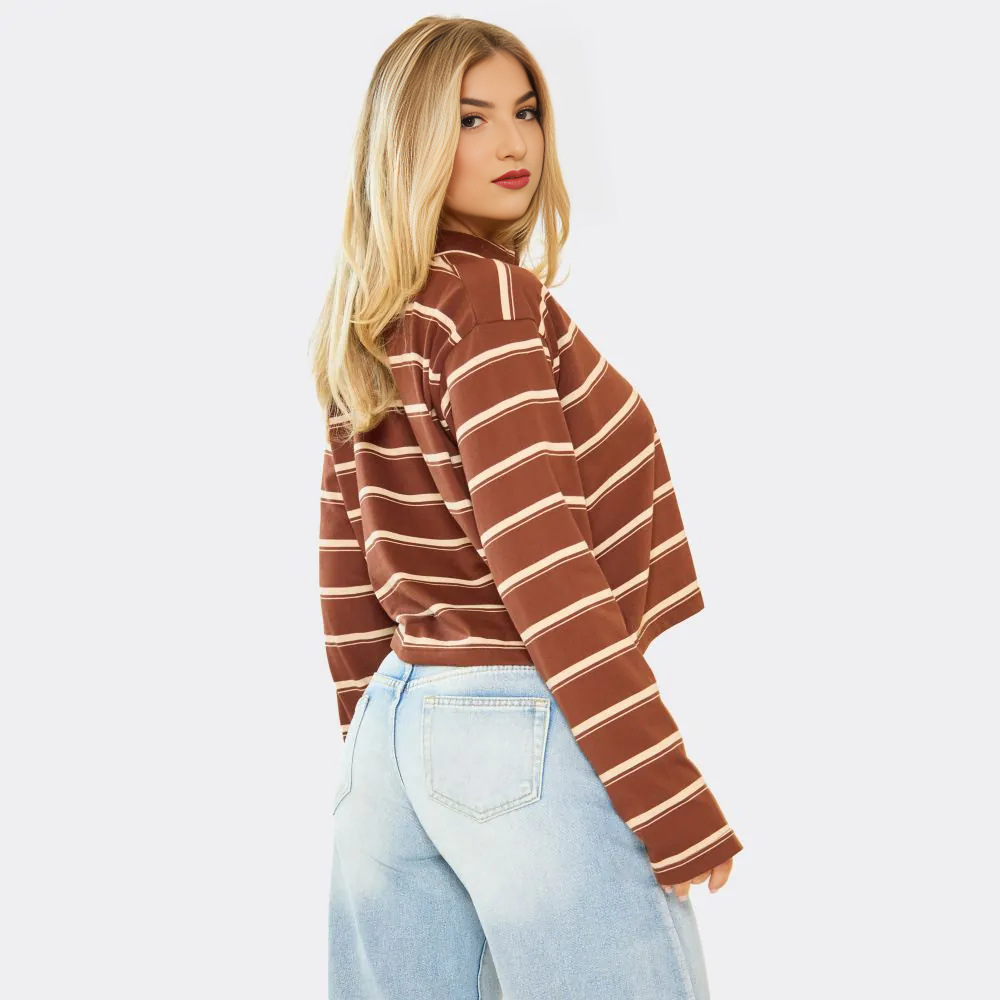 Long Sleeve Rugby Top In Brown Stripe