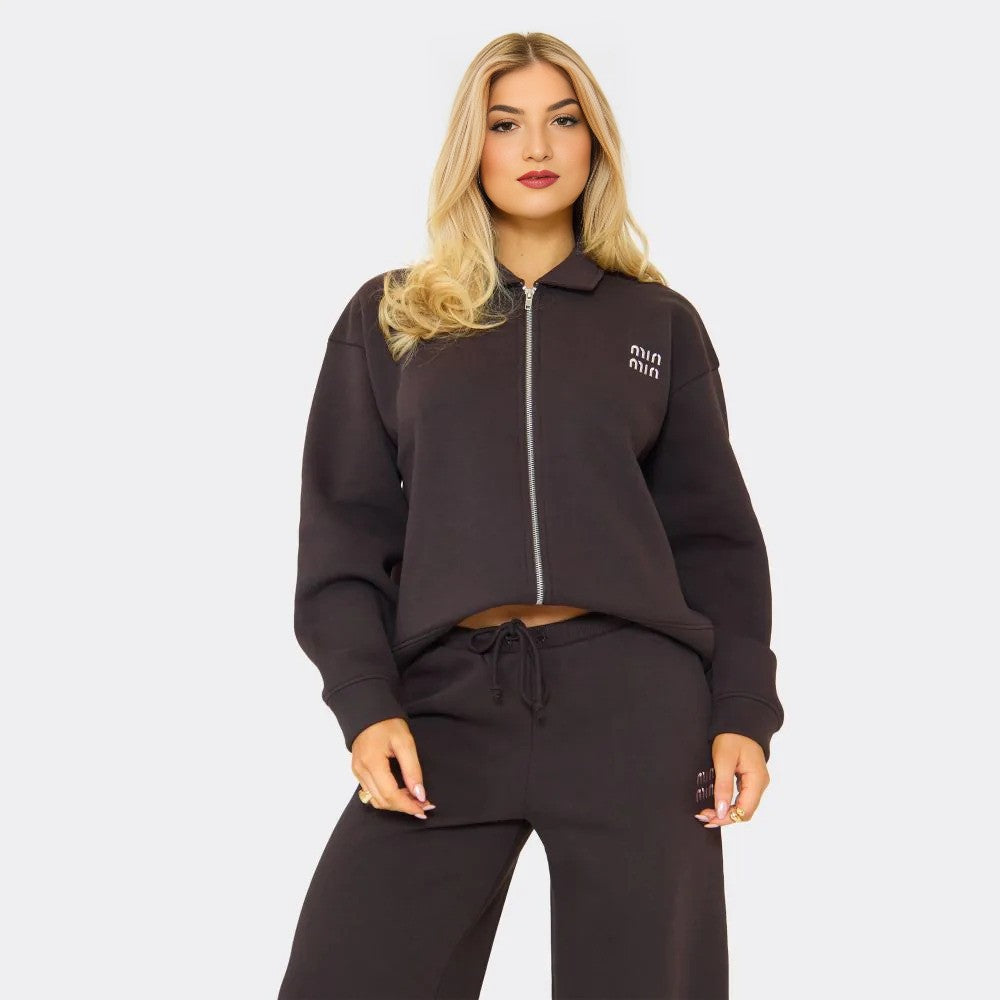 Chocolate Brown ‘Min Min’ Zip-Up Sweatshirt & Wide Leg Joggers Set