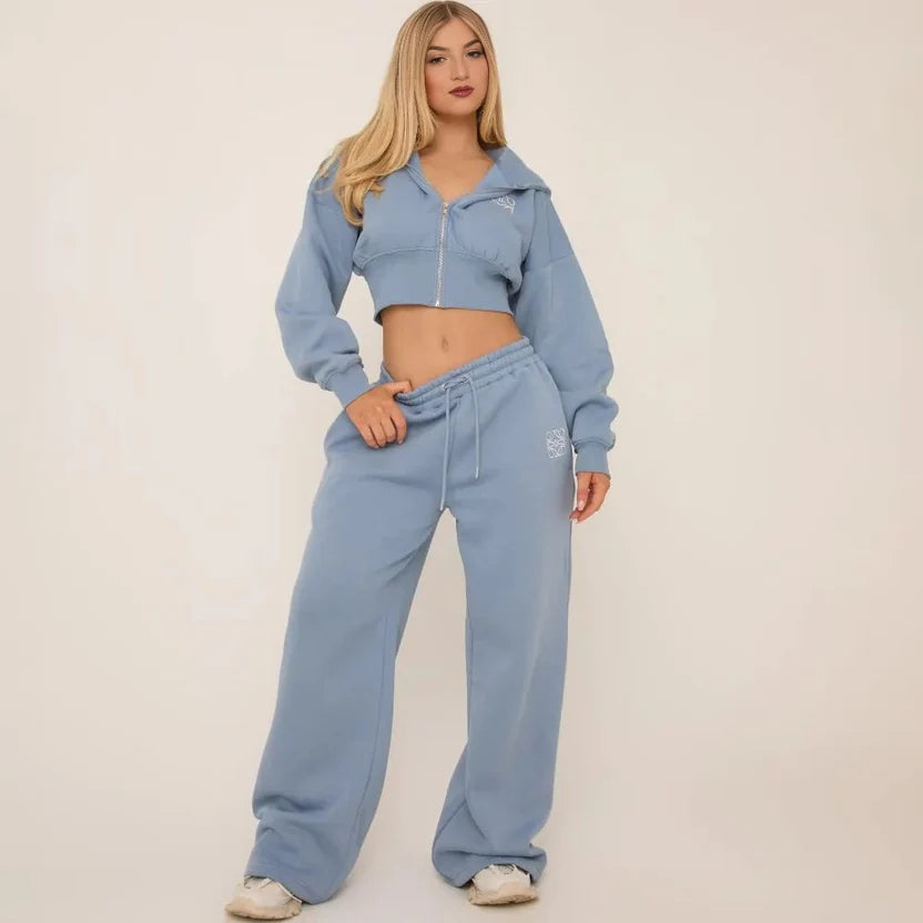 Swirl Graphic Zip-Up Cropped Hoodie & Wide-Leg Jogger Set