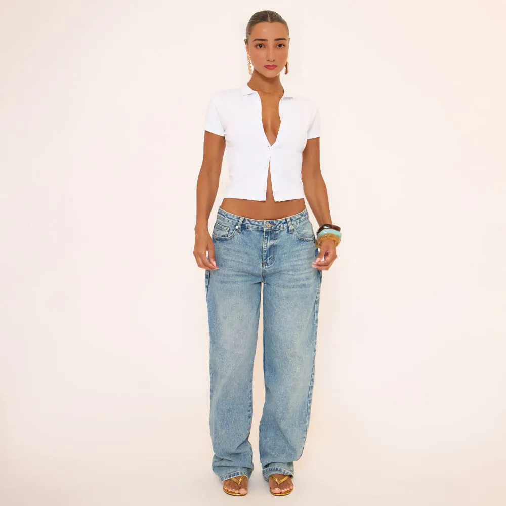 Short Sleeve Button Down T-Shirt In White