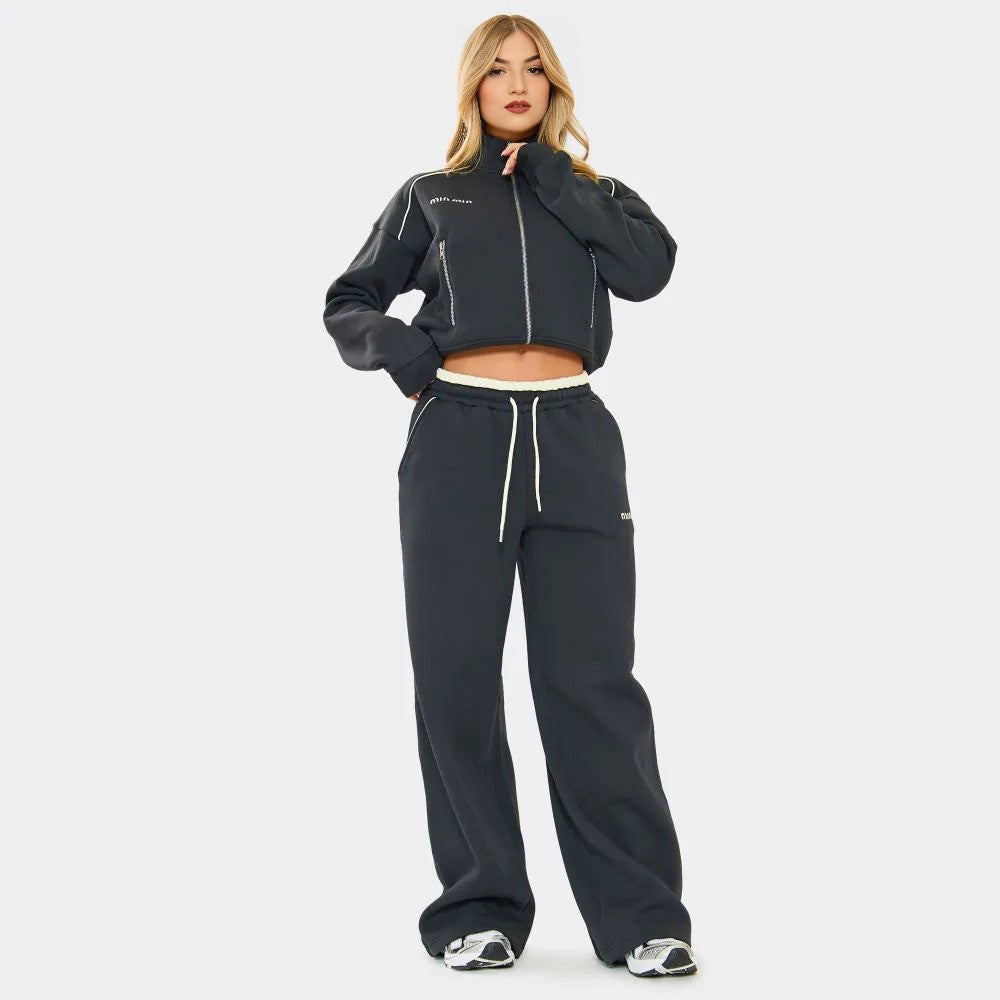 Min Min Embroidered Contrast Piping Wide Leg Joggers & Sweatshirt Set – Navy Blue