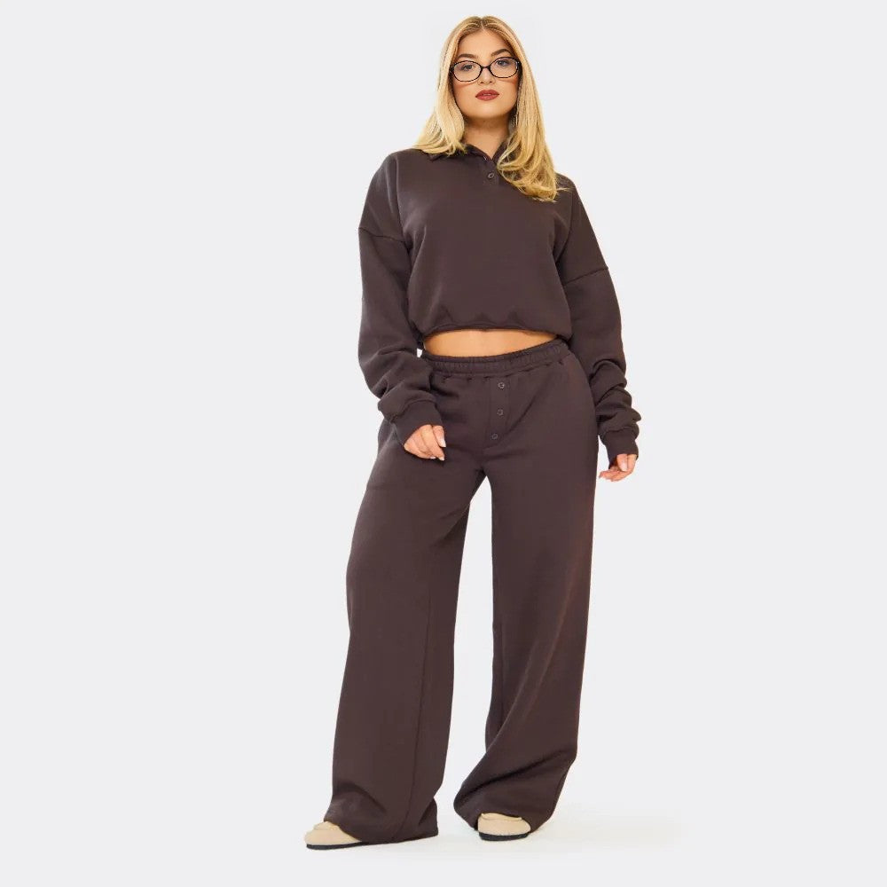 Brown - Marl Polo Sweatshirt & Wide Leg Joggers – effortless comfort meets style