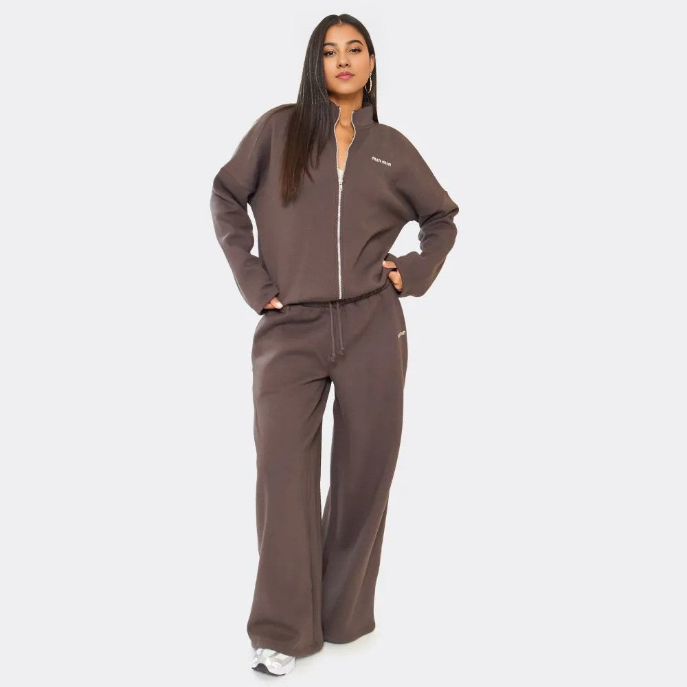 Min Min Embroidered Zip-Up Jacket & Wide Leg Joggers Co-Ord Set In Chocolate Brown