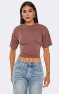 Short Sleeve Cinched Waist Fitted Contrast Stripe Detail T-Shirt In Brown