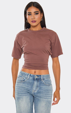 Short Sleeve Cinched Waist Fitted Contrast Stripe Detail T-Shirt In Brown