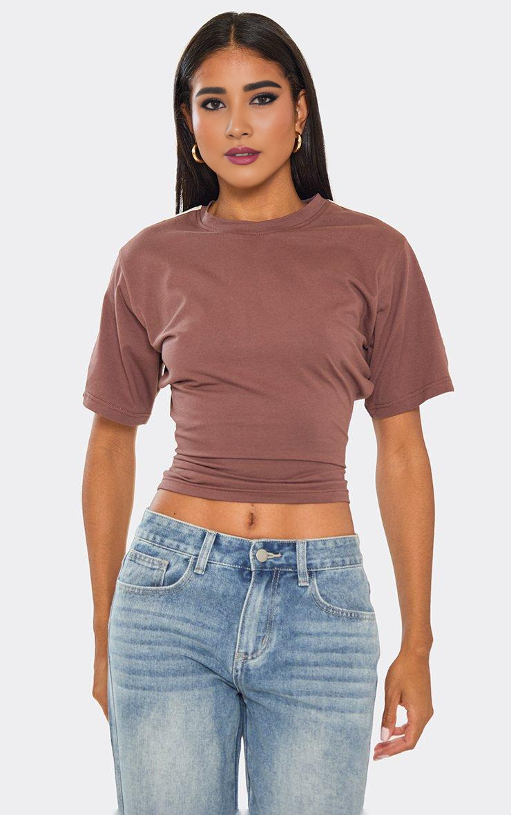 Short Sleeve Cinched Waist Fitted Contrast Stripe Detail T-Shirt In Brown