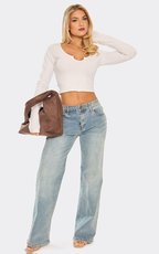 Long Sleeve Scoop Neck Notch Front Top In White