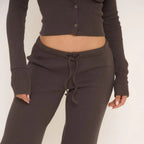 Ribbed Button Up Fitted Top & Mid Rise Drawstring Straight Leg Trousers Co-Ord Set – Brown