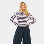 Low Rise Wide Leg Trouser & Long Sleeve Button Detail Cinched Waist Top Co-Ord Set In Pink Stripe