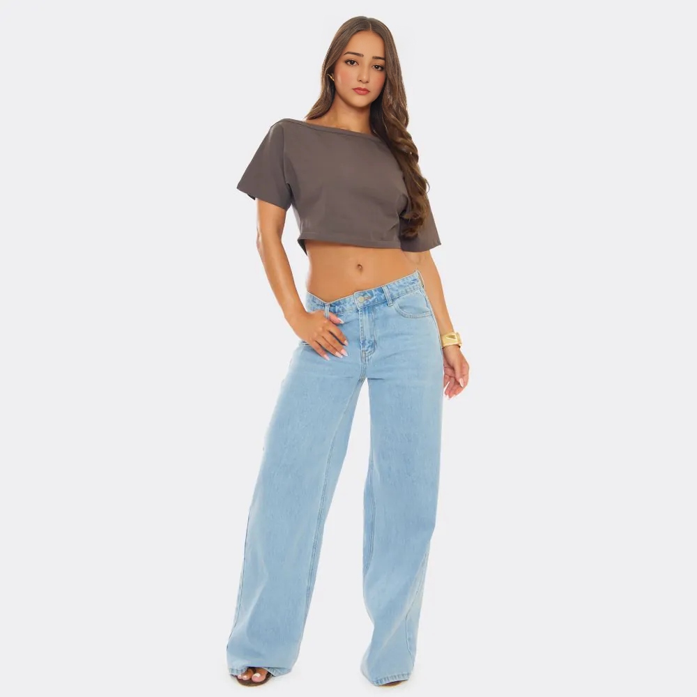 Short Sleeve Slash Neck Ruched Top – Brown