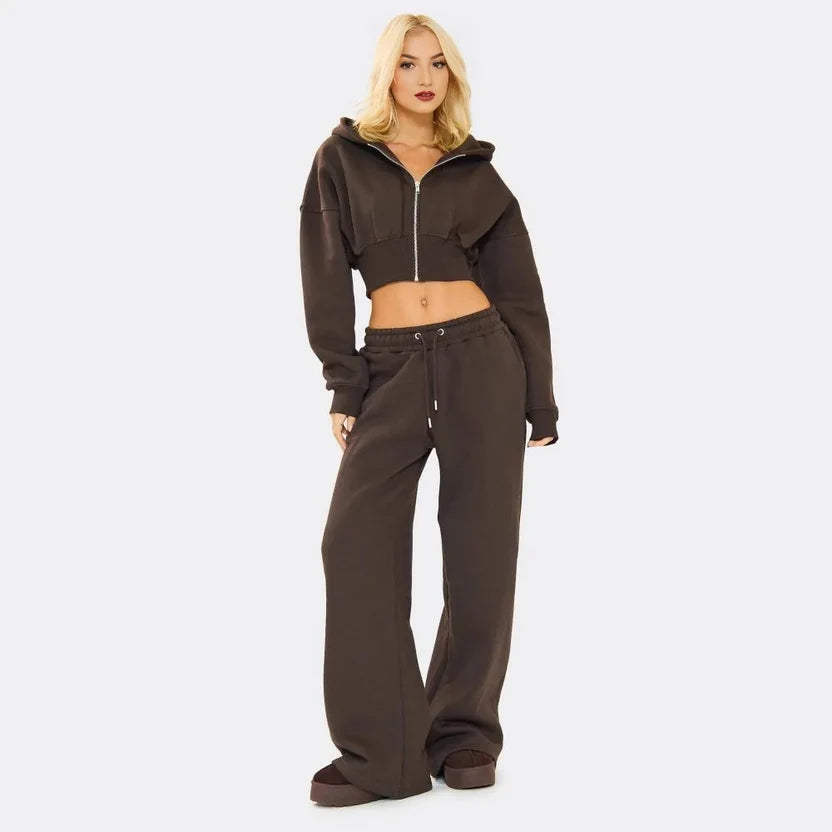 Zip-Up Cropped Hoodie & Wide-Leg Jogger Set