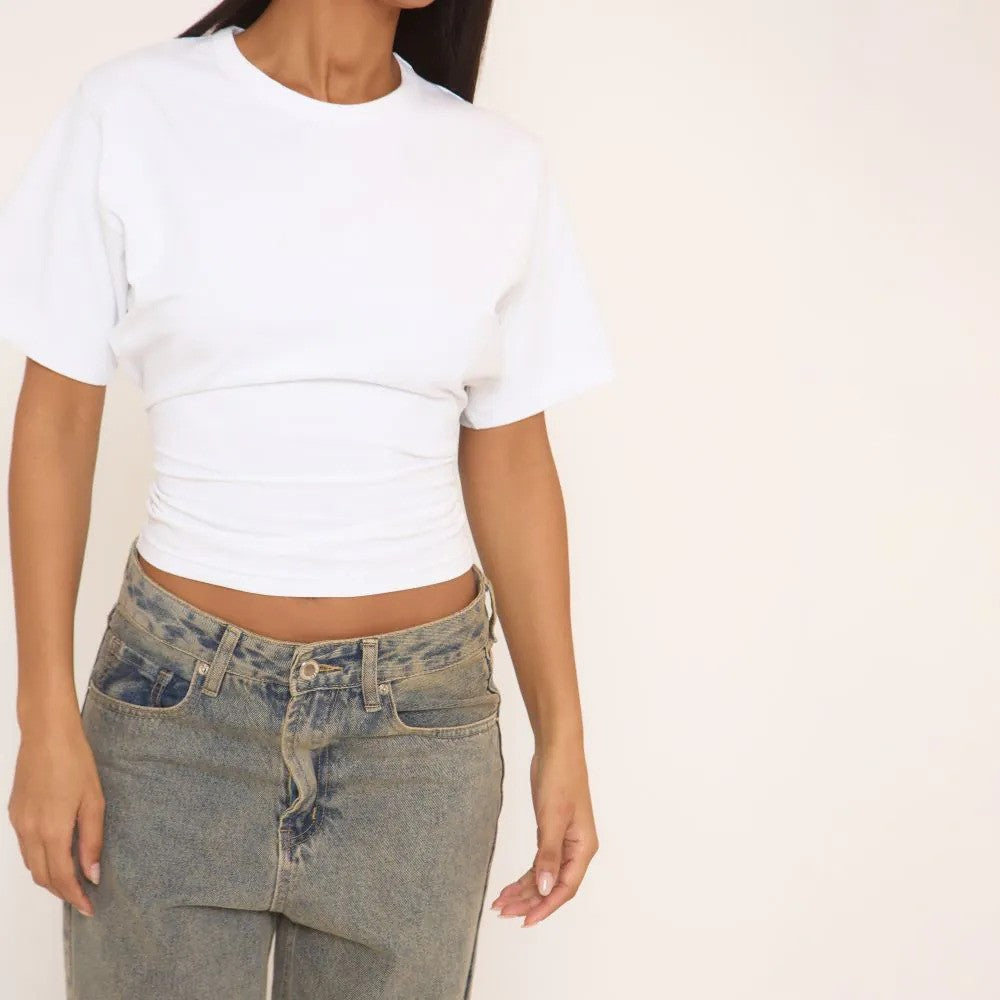 Short Sleeve Shaped Waist Fitted T-Shirt In White