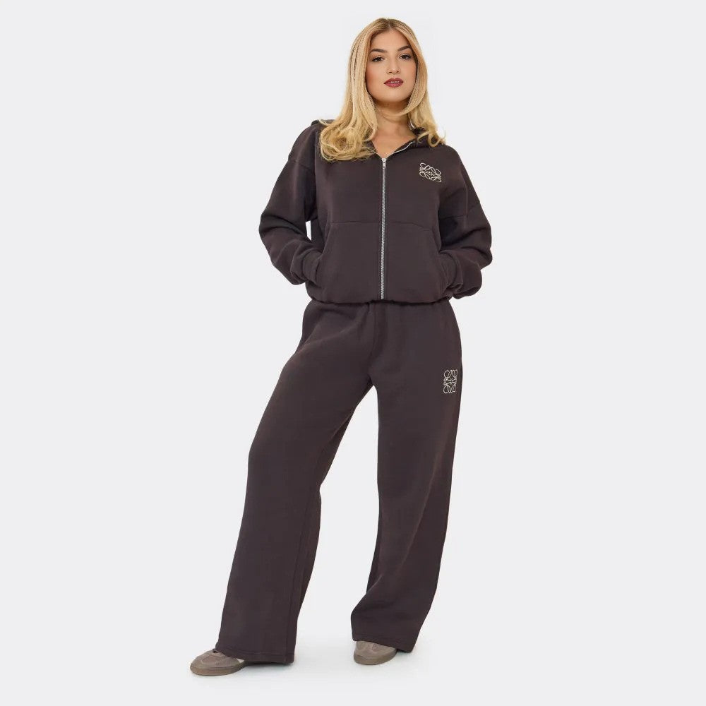 Chocolate Brown Embroidered Swirl Logo Zip Up Hoodie & Wide Leg Joggers Set
