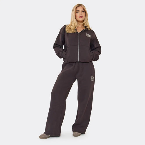 Chocolate Brown Embroidered Swirl Logo Zip Up Hoodie & Wide Leg Joggers Set