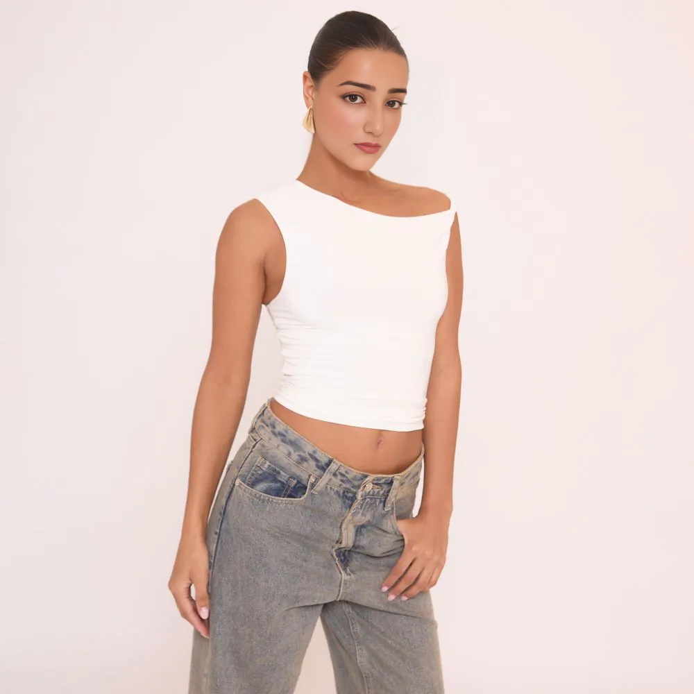 Twist Strap Detail Top In White Slinky