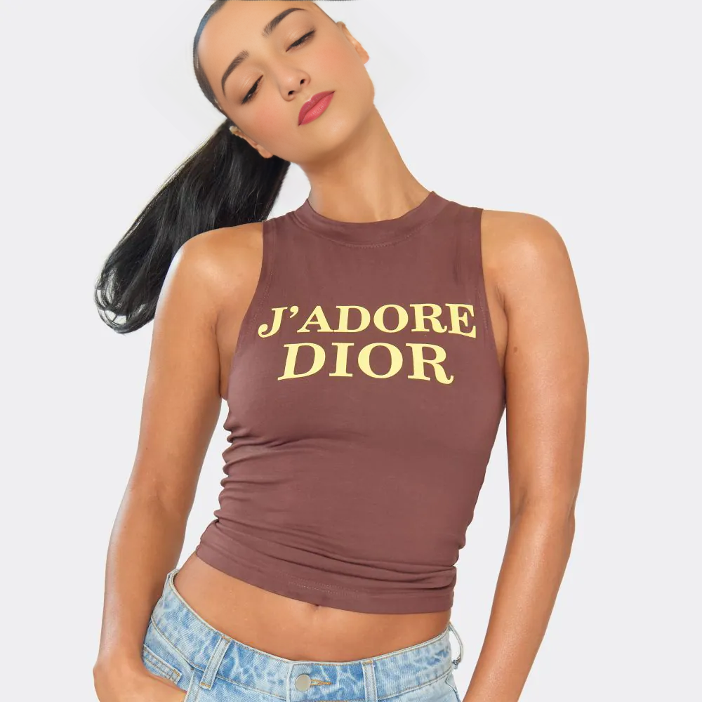 Racer Neck Slogan Print Detail Vest Top In Brown