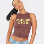 Racer Neck Slogan Print Detail Vest Top In Brown