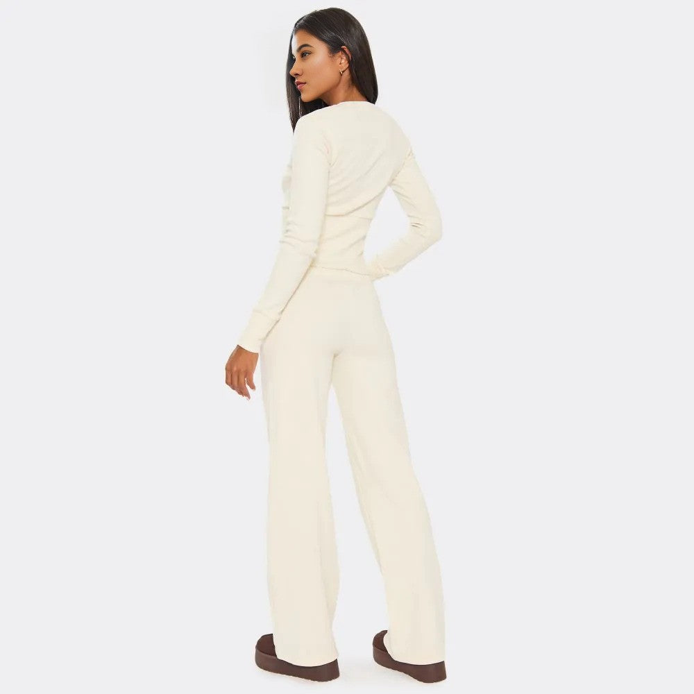Cream Ribbed Button-Up Top & Straight Leg Trousers Set