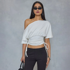 Asymmetric Ruched Tie Cinched Waist Detail Top In Cream