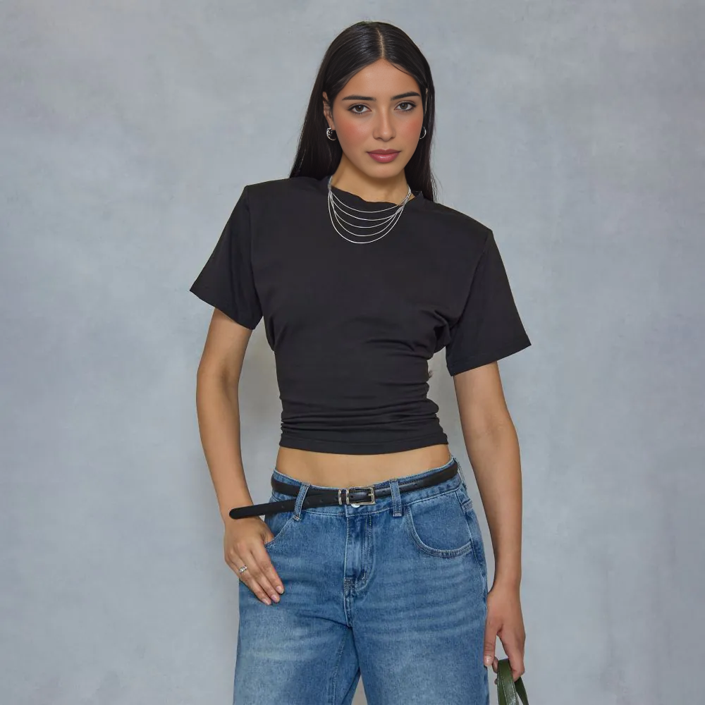 Short Sleeve Shoulder Pad Cinched Waist Fitted T-Shirt In Black