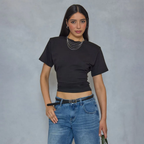 Short Sleeve Shoulder Pad Cinched Waist Fitted T-Shirt In Black