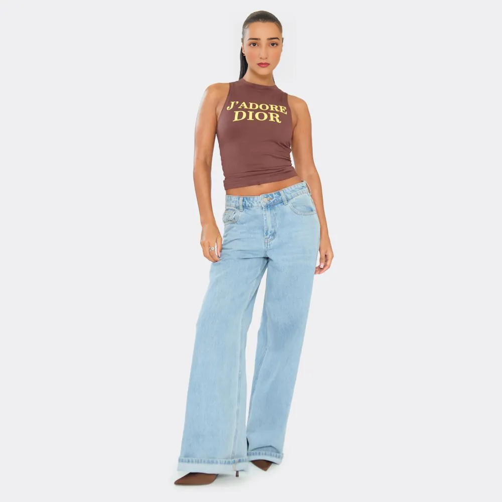Racer Neck Slogan Print Detail Vest Top In Brown