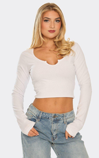 Long Sleeve Scoop Neck Notch Front Top In White