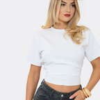 Short Sleeve Shoulder Pad Cinched Waist Detail Fitted T-Shirt – White