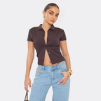 Short Sleeve Button Down T-Shirt In Chocolate Brown