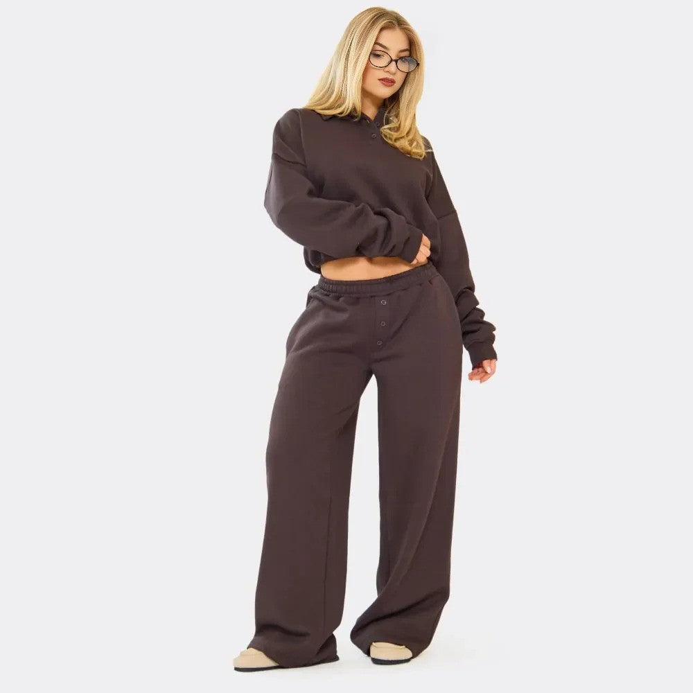 Brown - Marl Polo Sweatshirt & Wide Leg Joggers – effortless comfort meets style