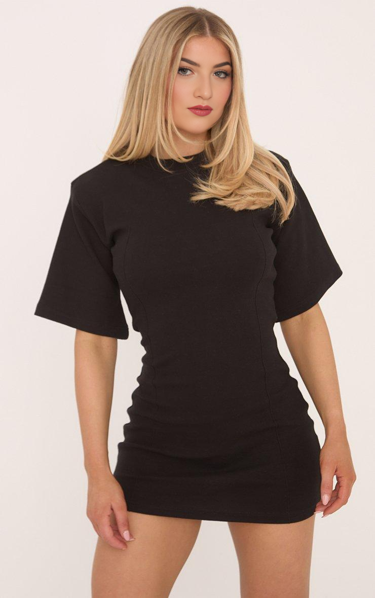 Short Boxy Sleeve Shoulder Pad Seam Detail Sweat Mini Dress In Black