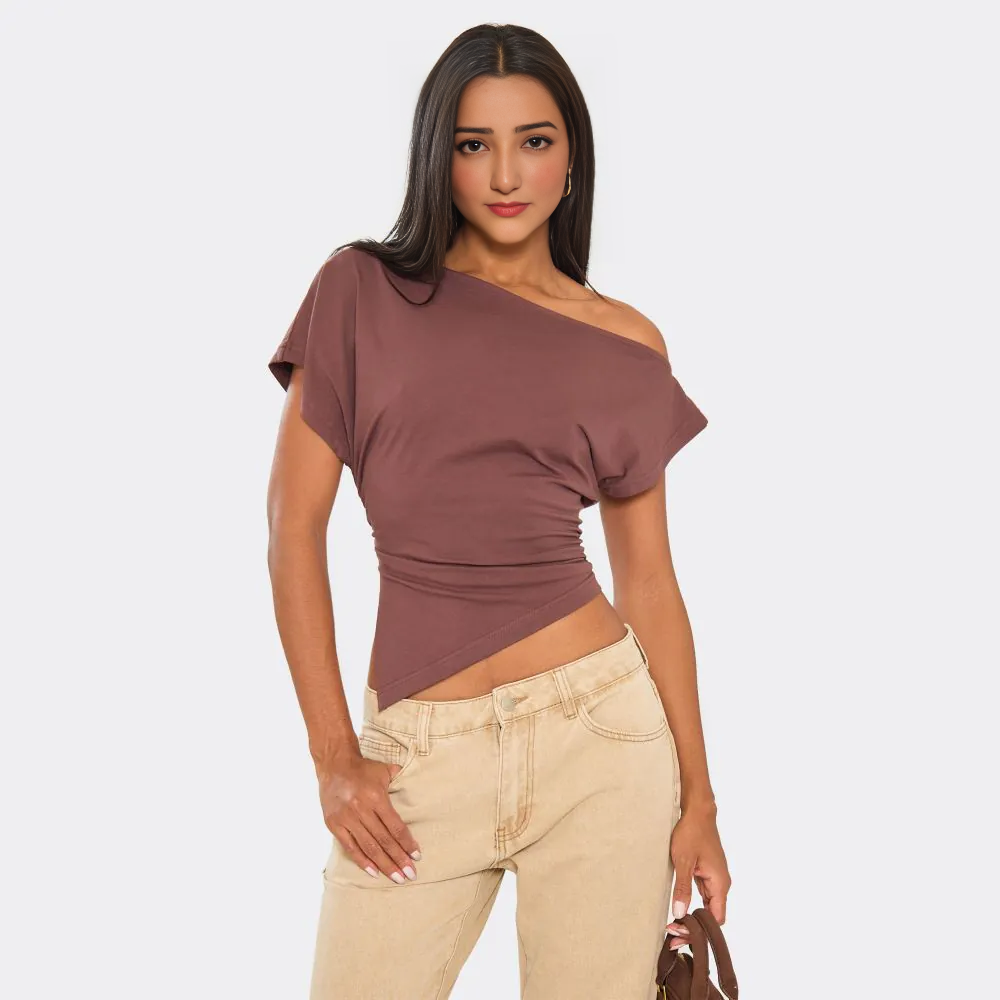 Slash Neck Asymmetric Dipped Hem T-Shirt In Chocolate Brown