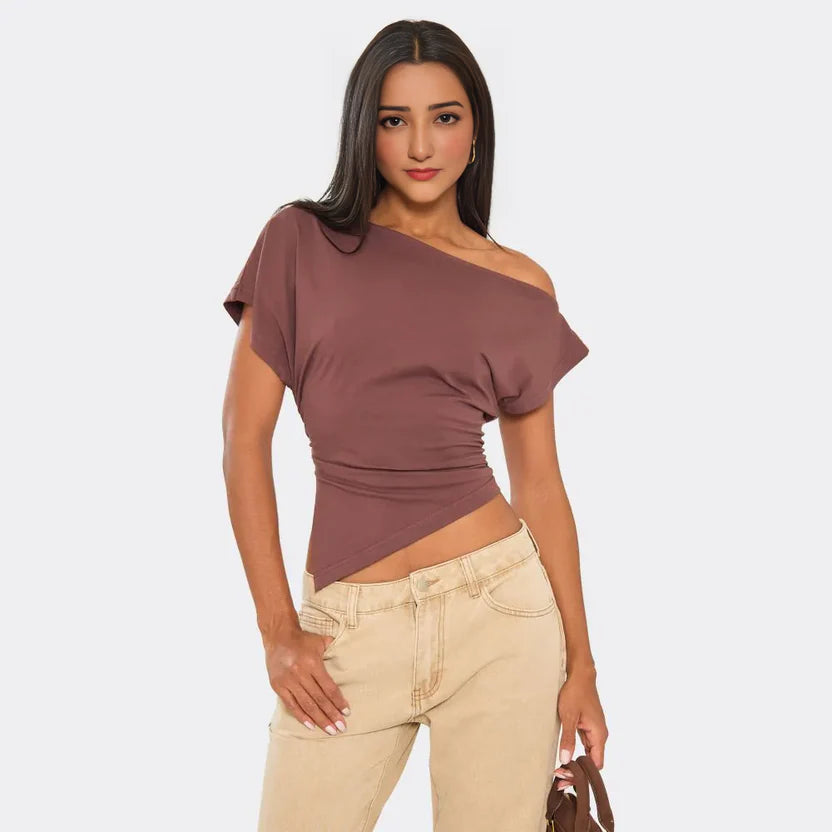 Slash Neck Asymmetric Dipped Hem T-Shirt