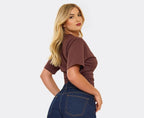 Short Sleeve Shaped Waist Fitted T-Shirt In Brown